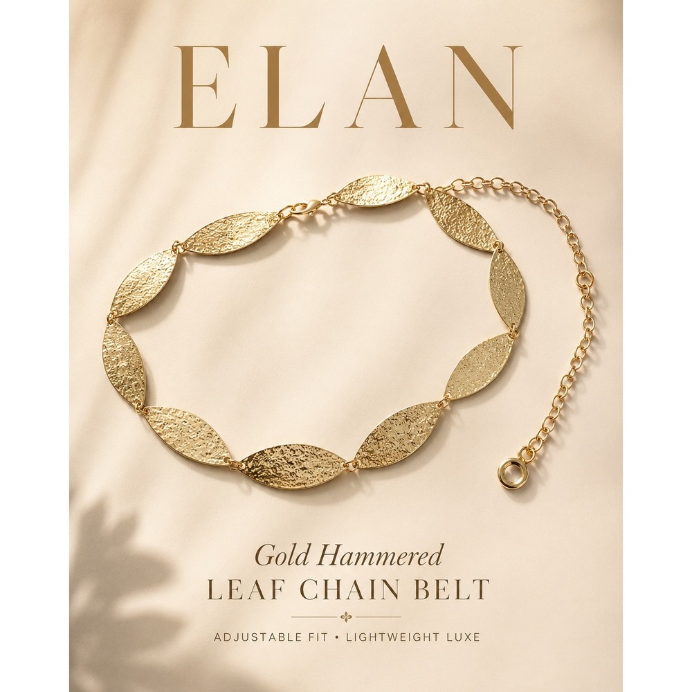 Elan Gold Tone Hammered Leaf Chain Belt Adjustable Boho Waist Belt
